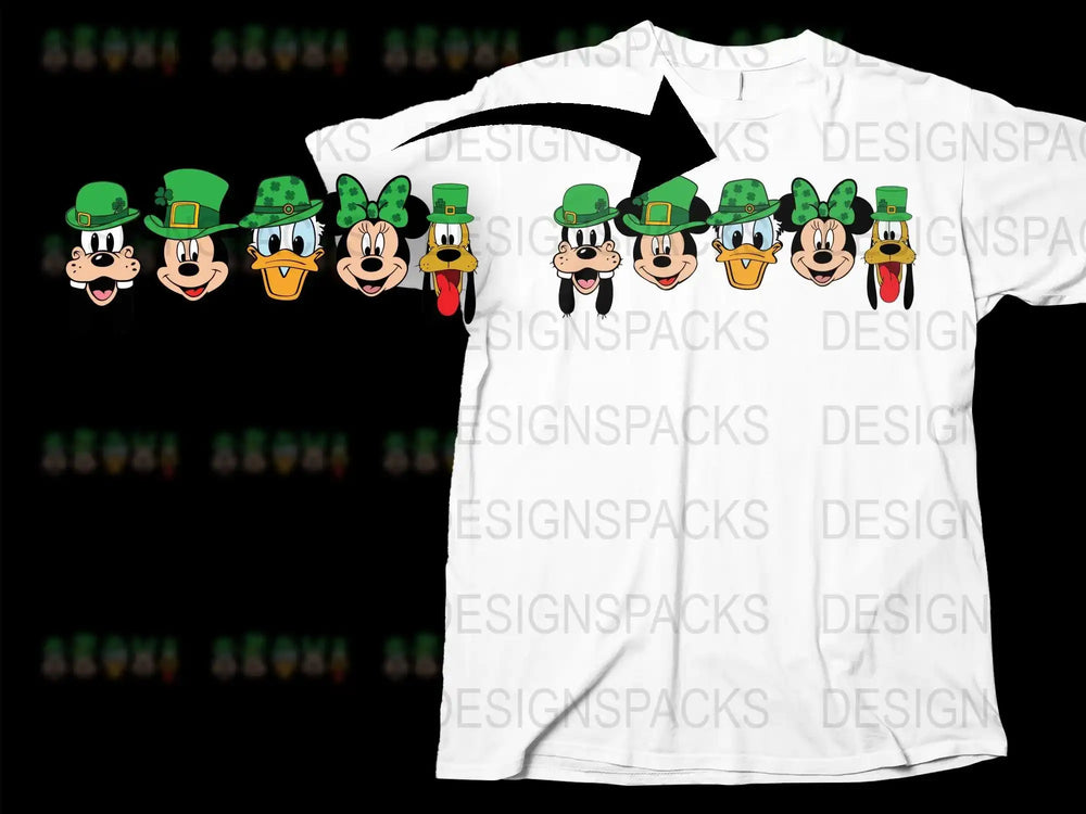 St. Patrick's Day Disney characters in green hats on white t-shirt, print-ready design
