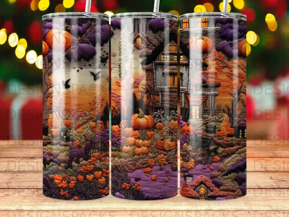 Three tumblers with a spooky Halloween house, pumpkins, and fall foliage design.