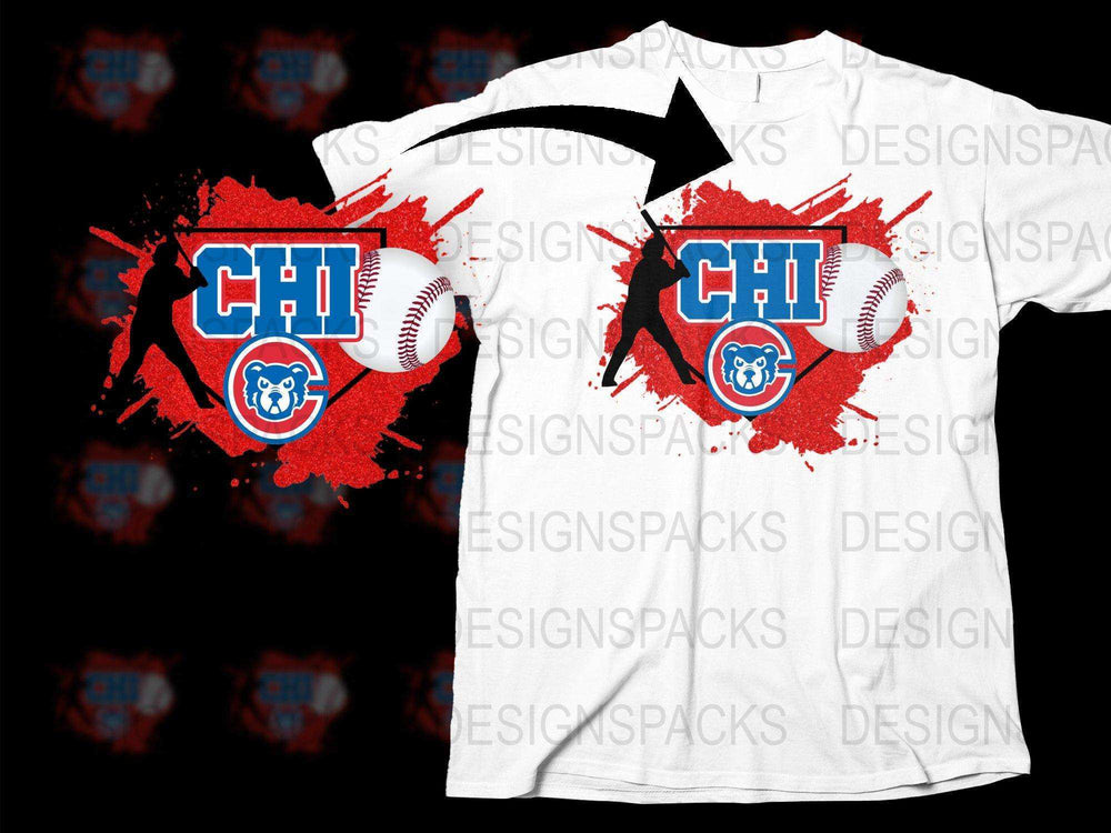 Chicago Cubs baseball design with batter silhouette, ball, and team logo on white T-shirt