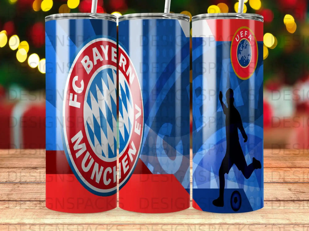 FC Bayern Munich logo and player silhouette on a blue and red tumbler.