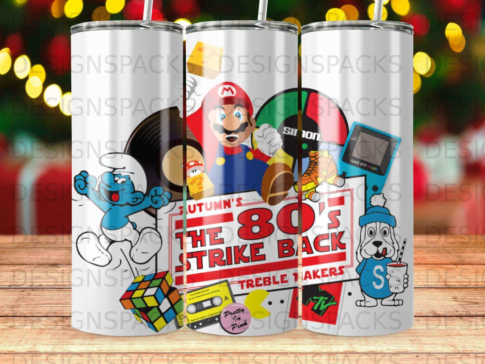 80s themed tumbler with Mario, Smurfs, and classic video games.