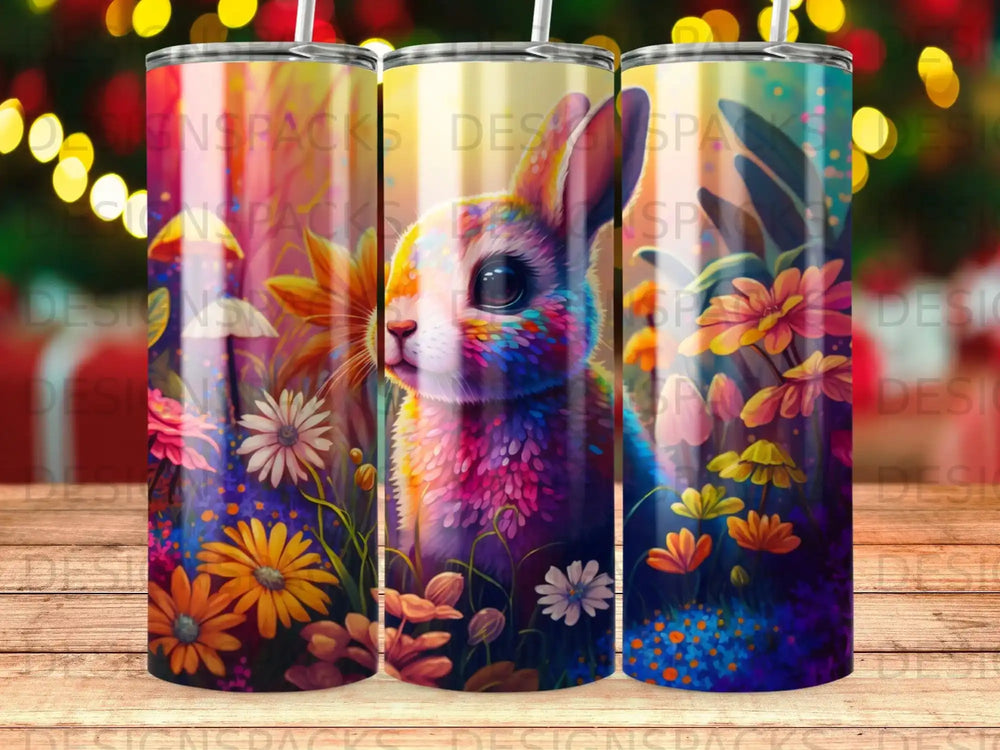 Colorful bunny among flowers on a patterned tumbler.