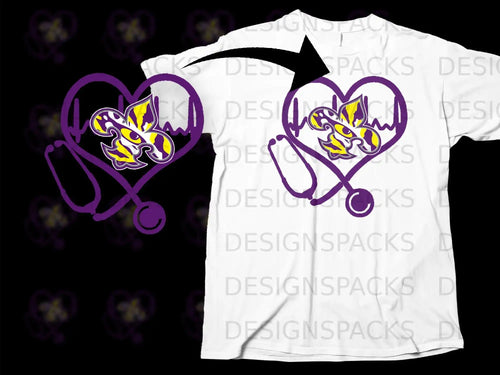 Heart and Fleur-de-Lis Design Stethoscope Graphic T-shirt