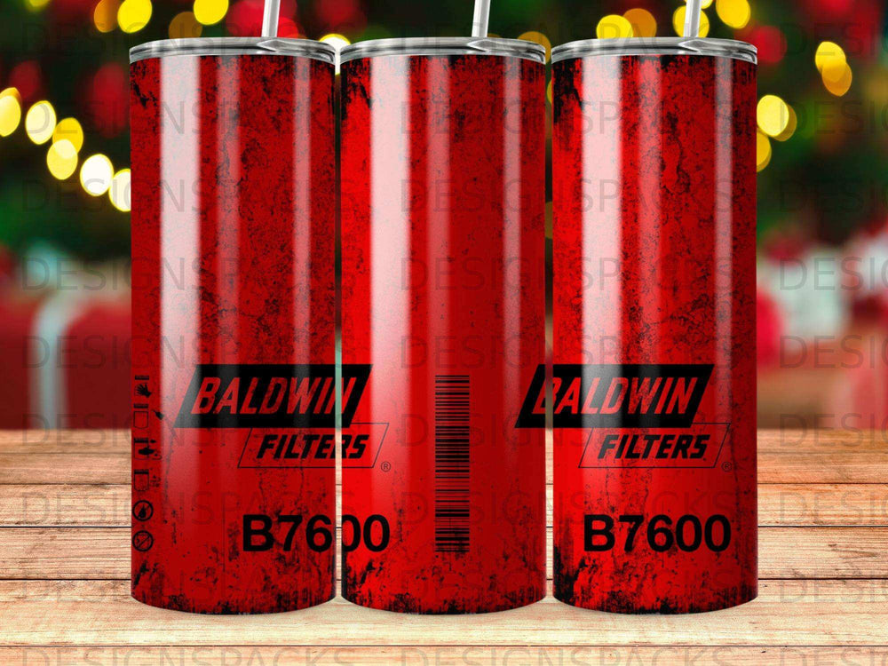 Red tumbler with Baldwin Filters B7600 logo.