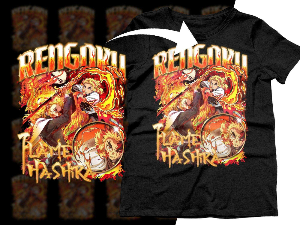 Rengoku Flame Hashira anime t-shirt design with fiery graphics, print-ready for DTG/DTF