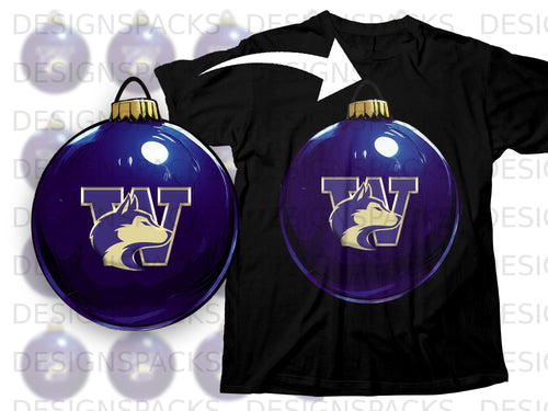 Black t-shirt with a graphic showing purple ornaments featuring a wolf logo.