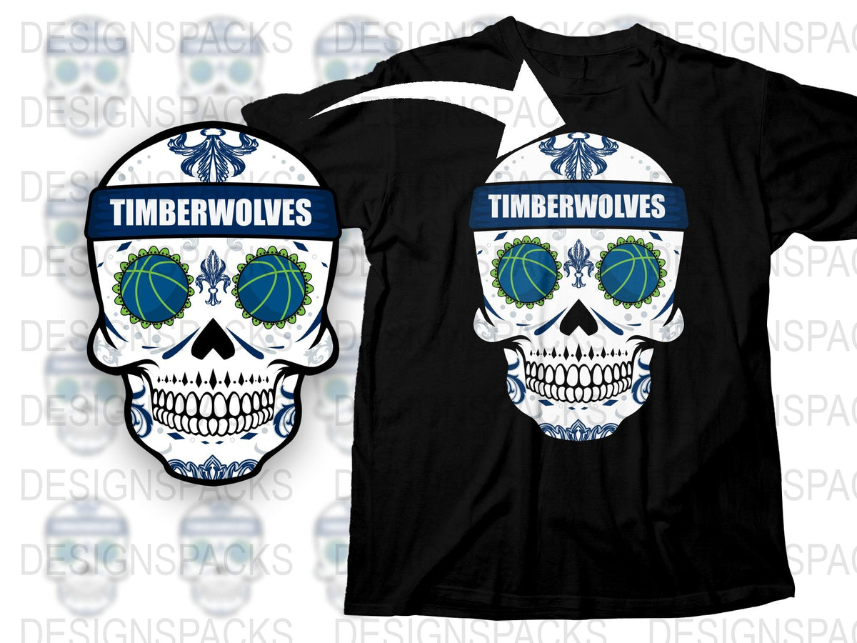Timberwolves Skull T-Shirt, Blue and White Graphic Tee, Sports Fan Apparel, Unique Skull Design, Casual Wear