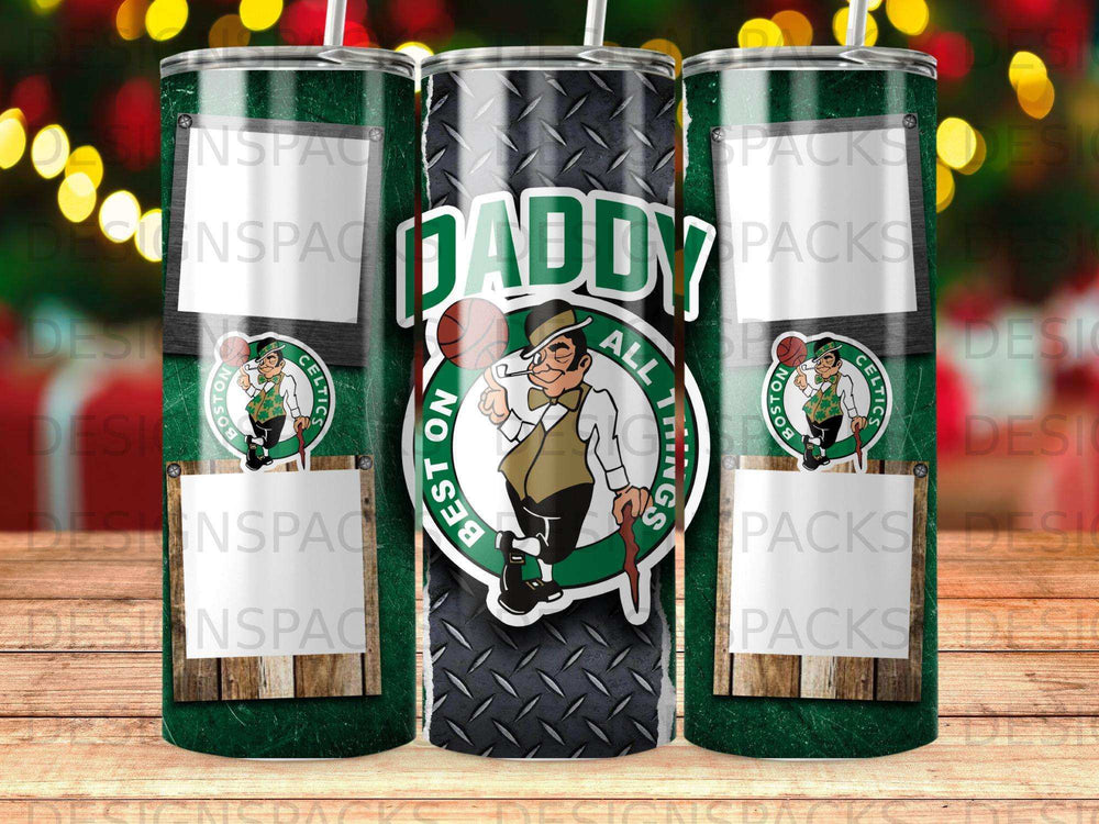 Green tumbler with "Daddy Best On All Things Celtics" text and Celtic knot graphic.