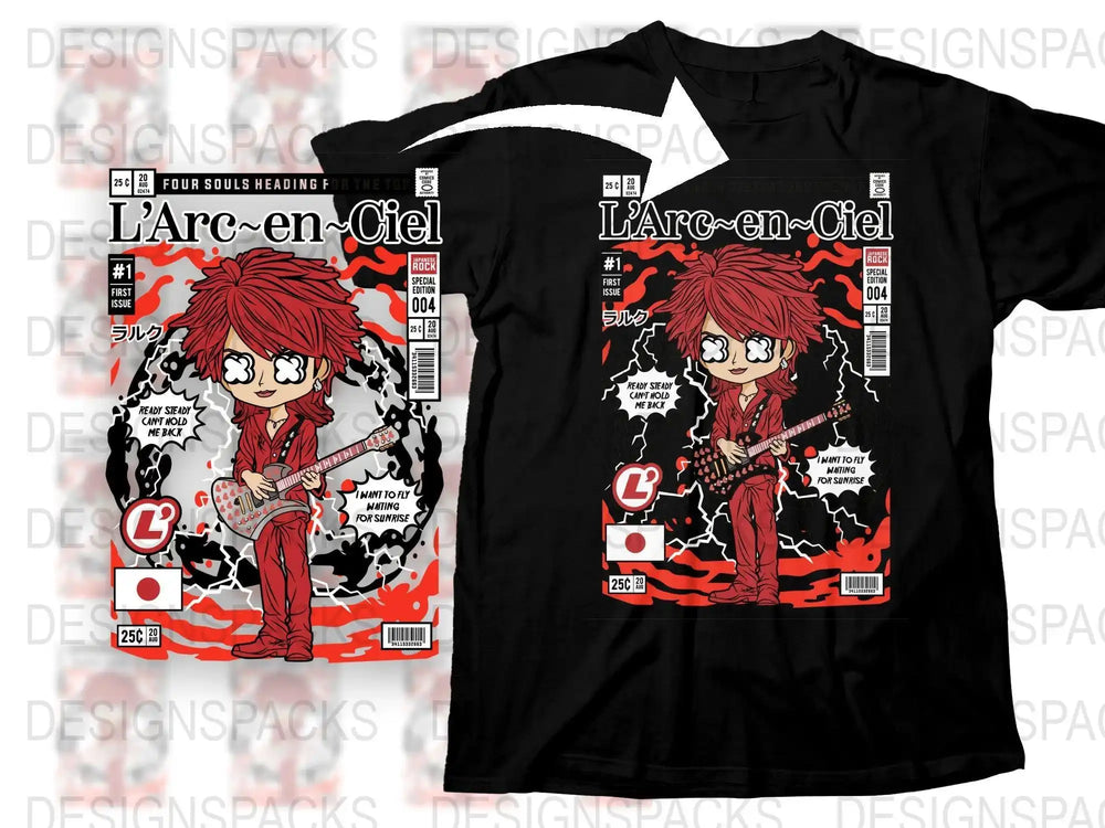 L'Arc~en~Ciel anime rock band t-shirt design with red-haired guitarist, comic book style, print-ready PNG