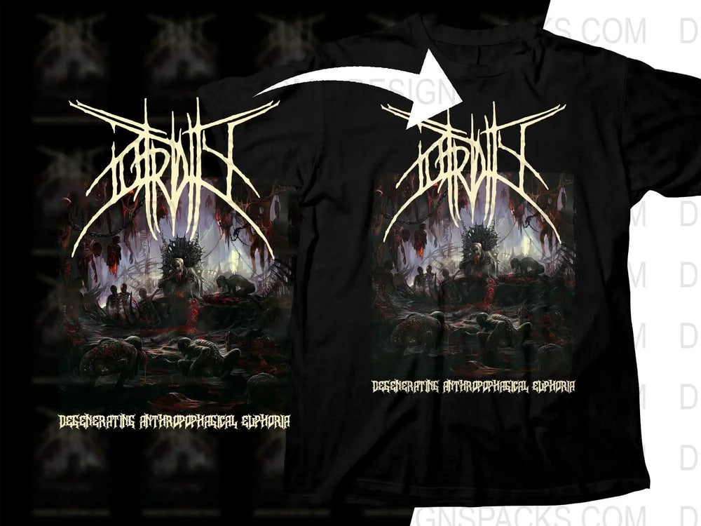 Black t-shirt with dark, horror-themed graphic and gothic text design