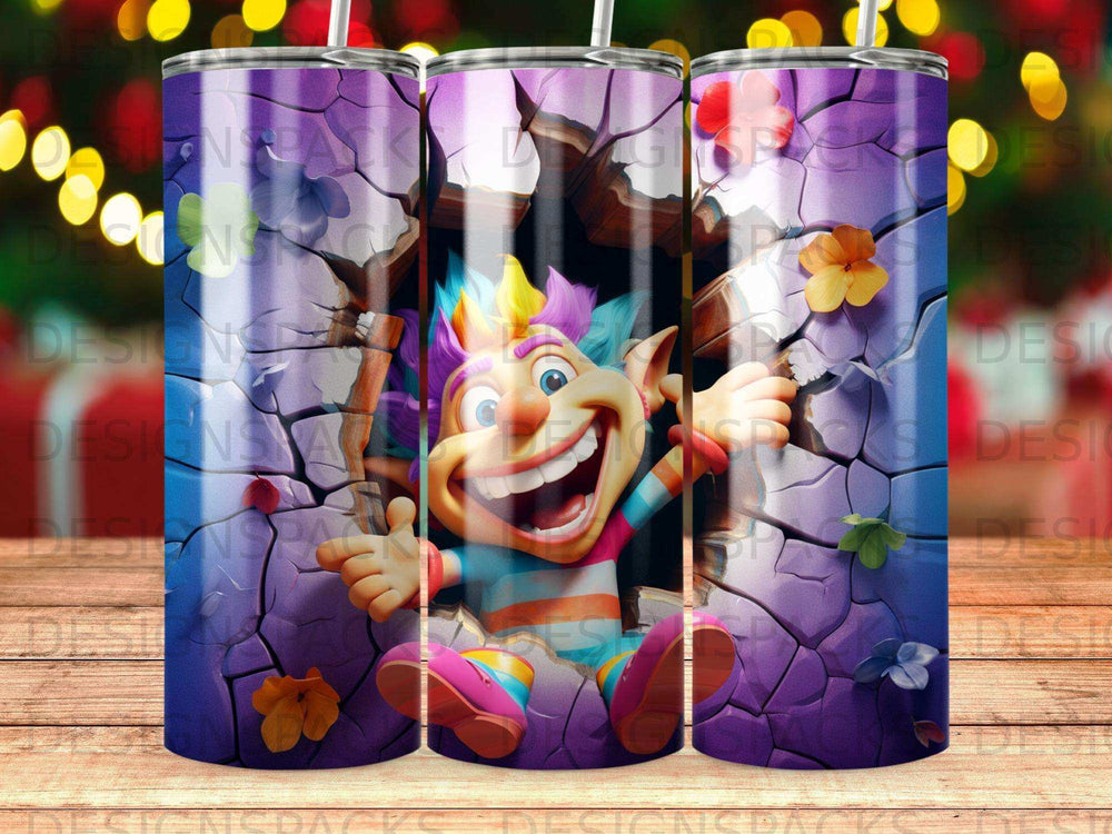 Cartoon character bursting through cracked purple wall.