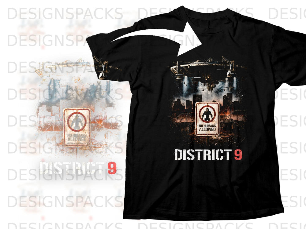 Black t-shirt with "District 9" text and a "No Humans Allowed" sign graphic.