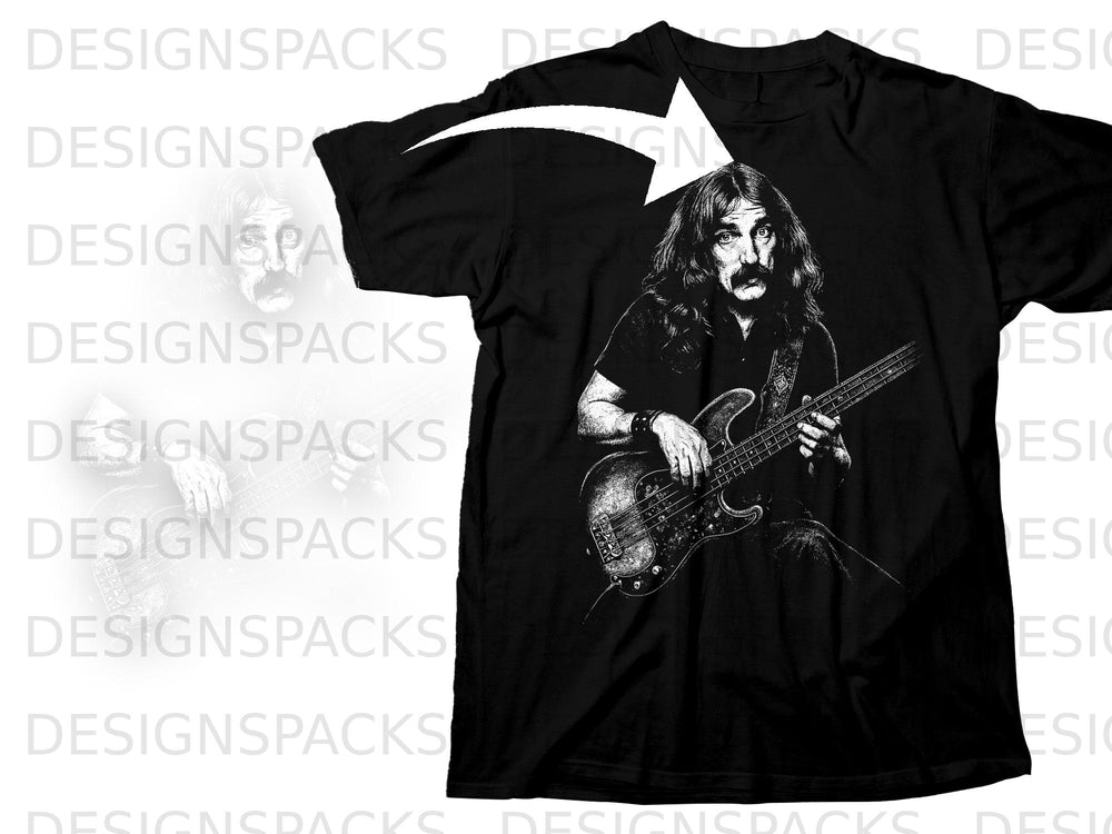 Black t-shirt with a black and white illustration of a musician playing a bass guitar.