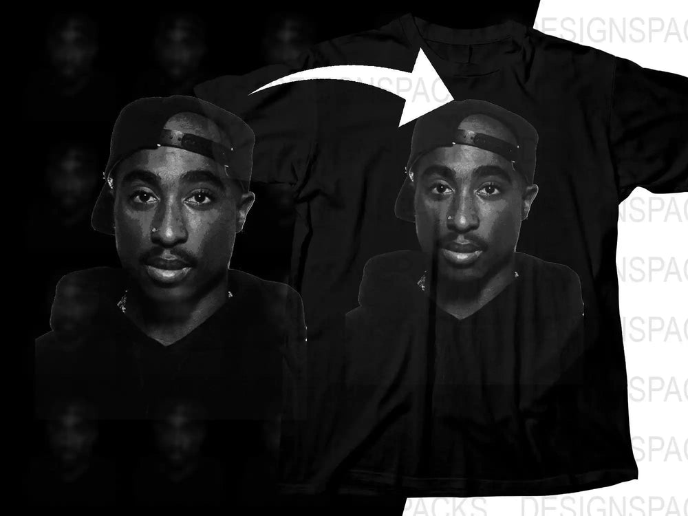 Black t-shirt with Tupac portrait design, print-ready for DTG or DTF printing