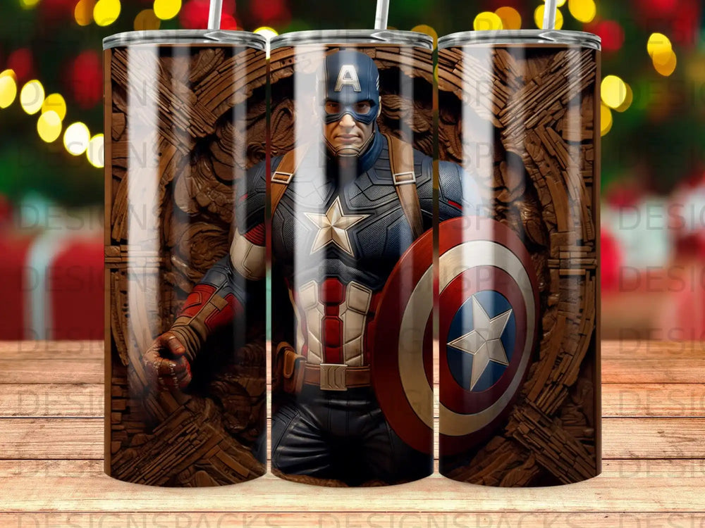 Captain America with shield and wooden background on a tumbler.
