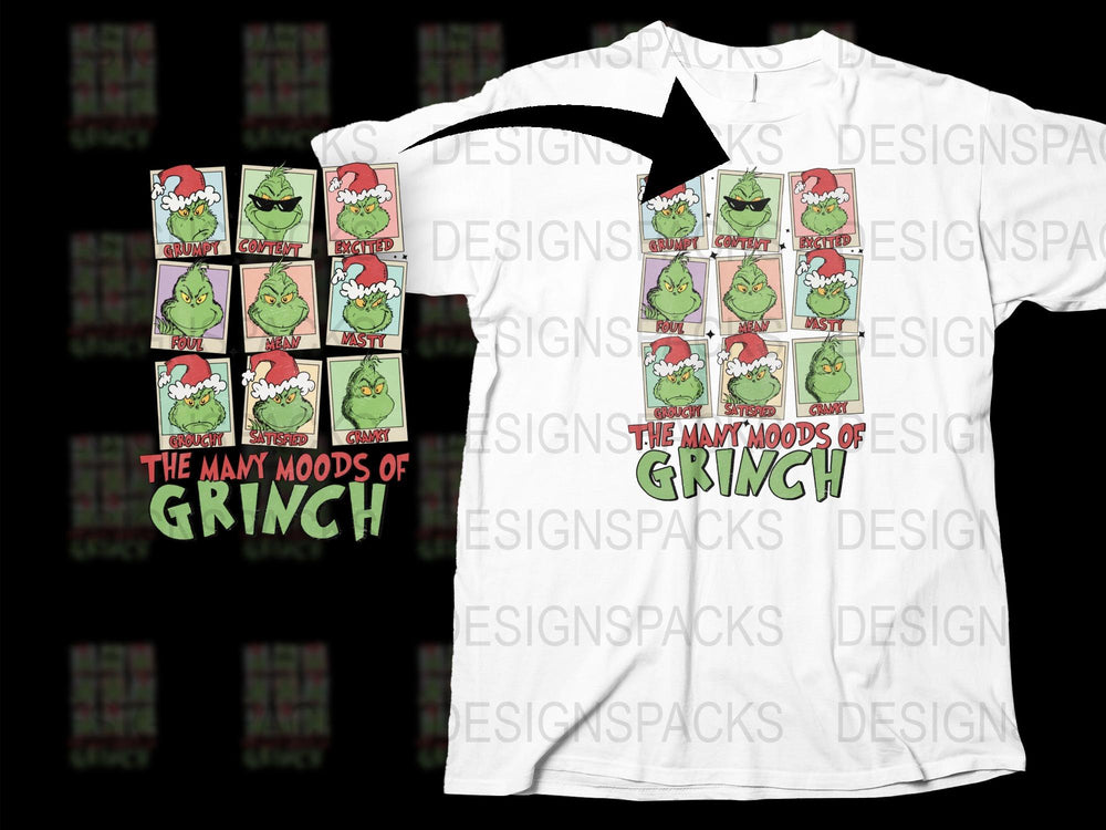 The Many Moods of Grinch T-Shirt, Funny Christmas Holiday Tee, Unisex White Cotton Shirt