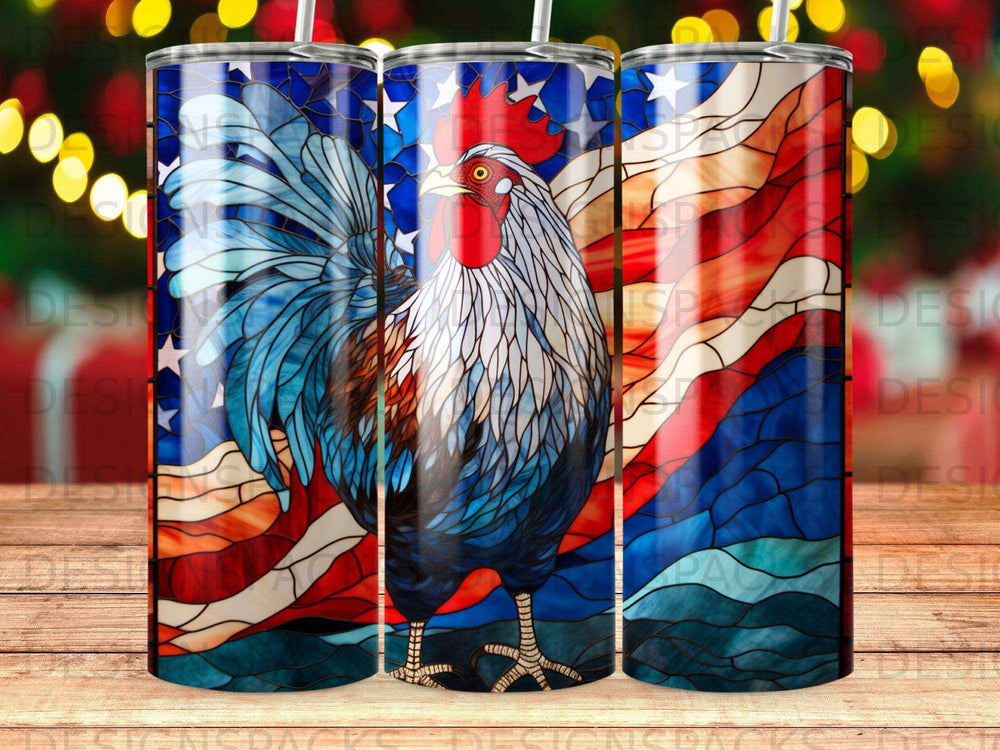 Rooster against a stained glass American flag background.