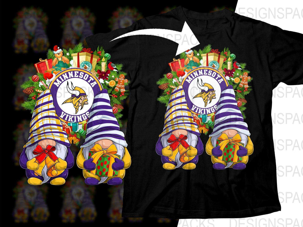 Minnesota Vikings Christmas gnomes with gifts and holiday wreath design on black t-shirt