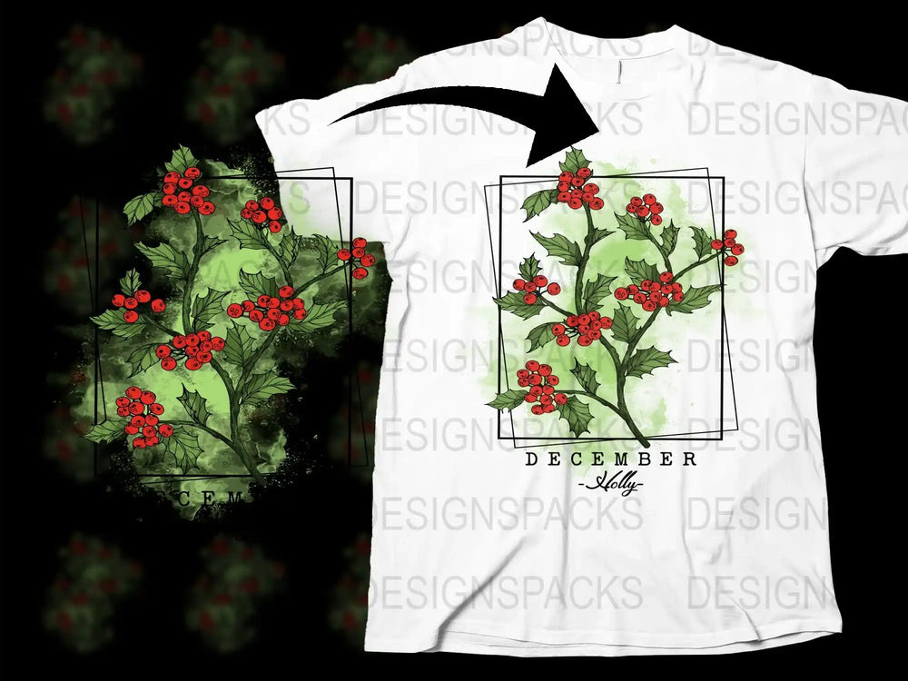 December Holly Berry Graphic T-Shirt, Holiday Festive Plant Tee, Unisex Floral Shirt, Christmas Red Berry Design Top, Gift Idea