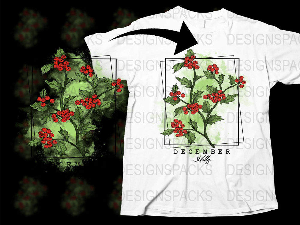 December Holly Berry Graphic T-Shirt, Holiday Festive Plant Tee, Unisex Floral Shirt, Christmas Red Berry Design Top, Gift Idea