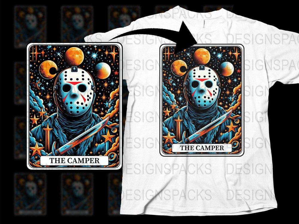 Jason Horror Movie Tarot Card T-Shirt, The Camper Graphic Tee, Spooky Halloween Casual Shirt, Fan Merchandise