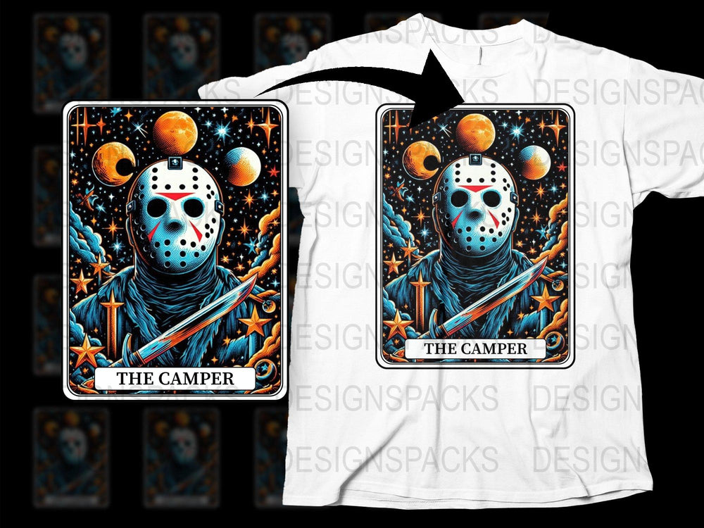 Jason Horror Movie Tarot Card T-Shirt, The Camper Graphic Tee, Spooky Halloween Casual Shirt, Fan Merchandise