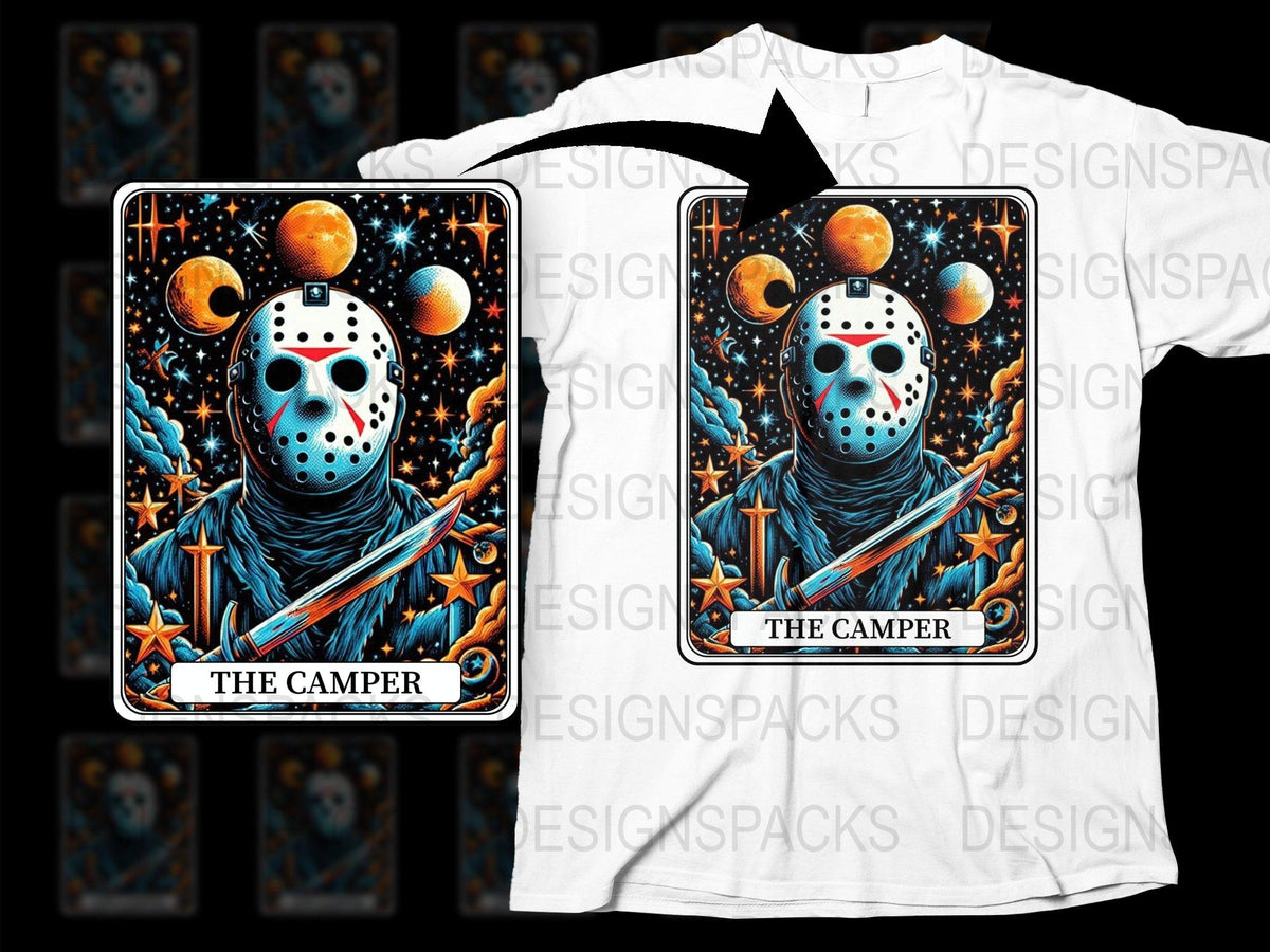 Jason Horror Movie Tarot Card T-Shirt, The Camper Graphic Tee, Spooky Halloween Casual Shirt, Fan Merchandise