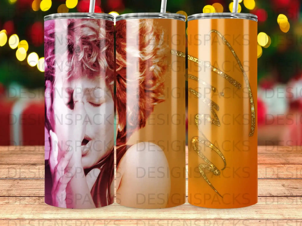 Three tumblers with vintage-style faces and colorful, swirling backgrounds.