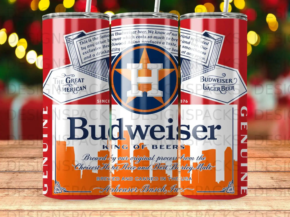 Budweiser beer can with Houston Astros logo, King of Beers text.