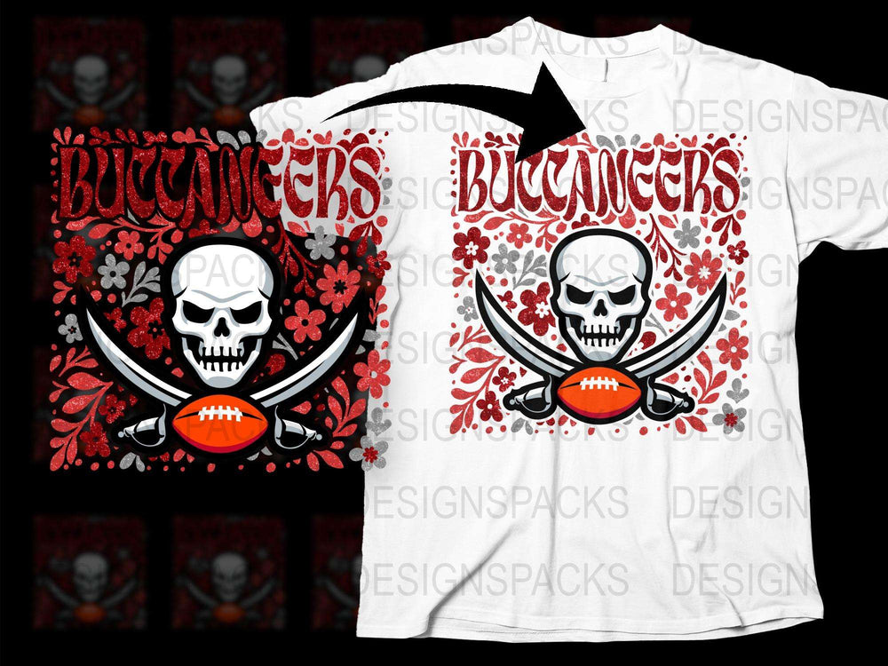Buccaneers Skull Football T-Shirt, Floral Red and White Graphic Tee, Sports Fan Apparel, Unique Gift Idea