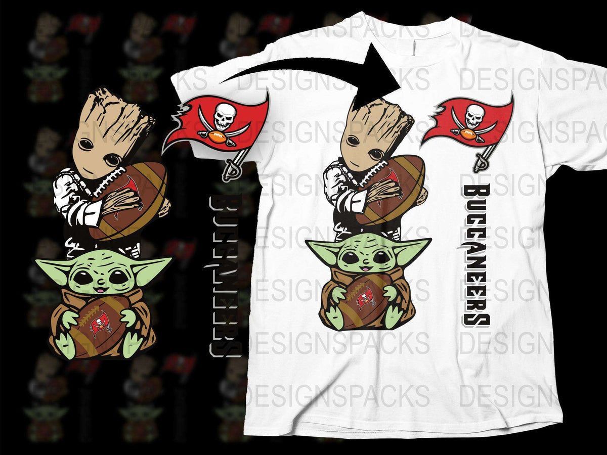 Cute Baby Yoda and Groot Pirate Graphic T-Shirt, Buccaneers Themed Tee, Unique Pop Culture Apparel