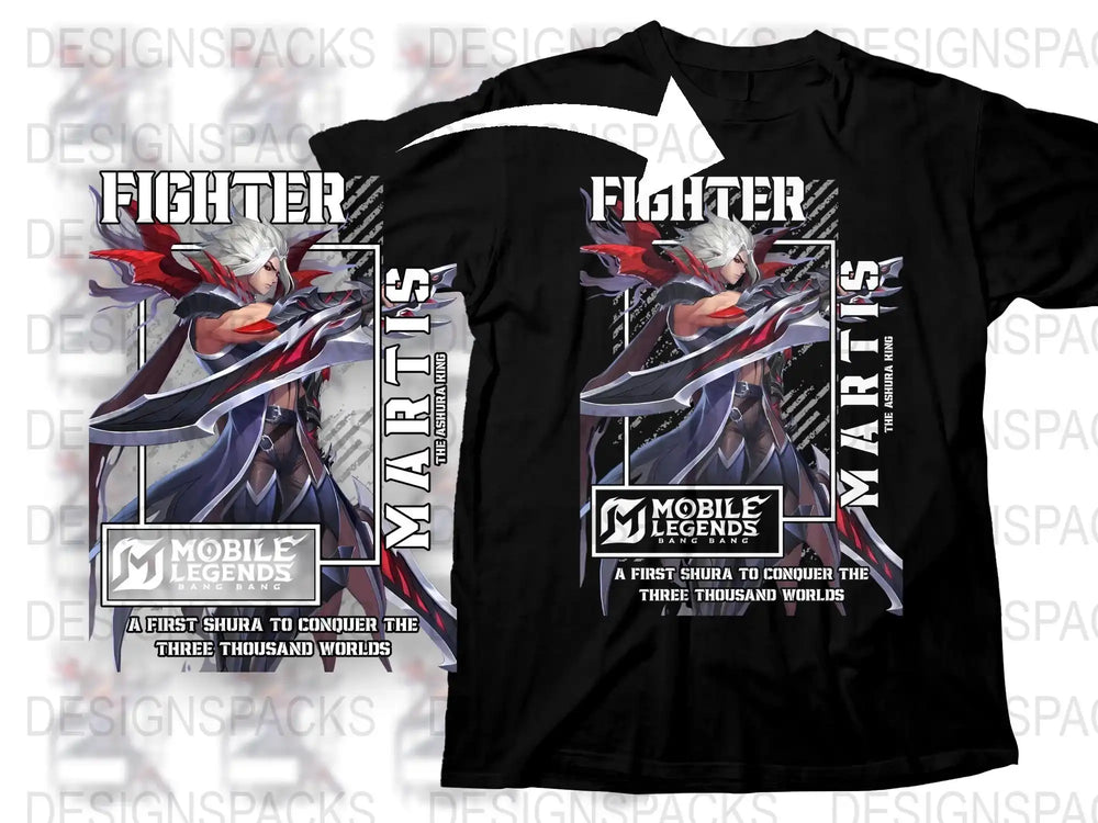Mobile Legends Martis Fighter T-Shirt, Anime Style Gaming Apparel, Unique Graphic Tee, Black Cotton Shirt