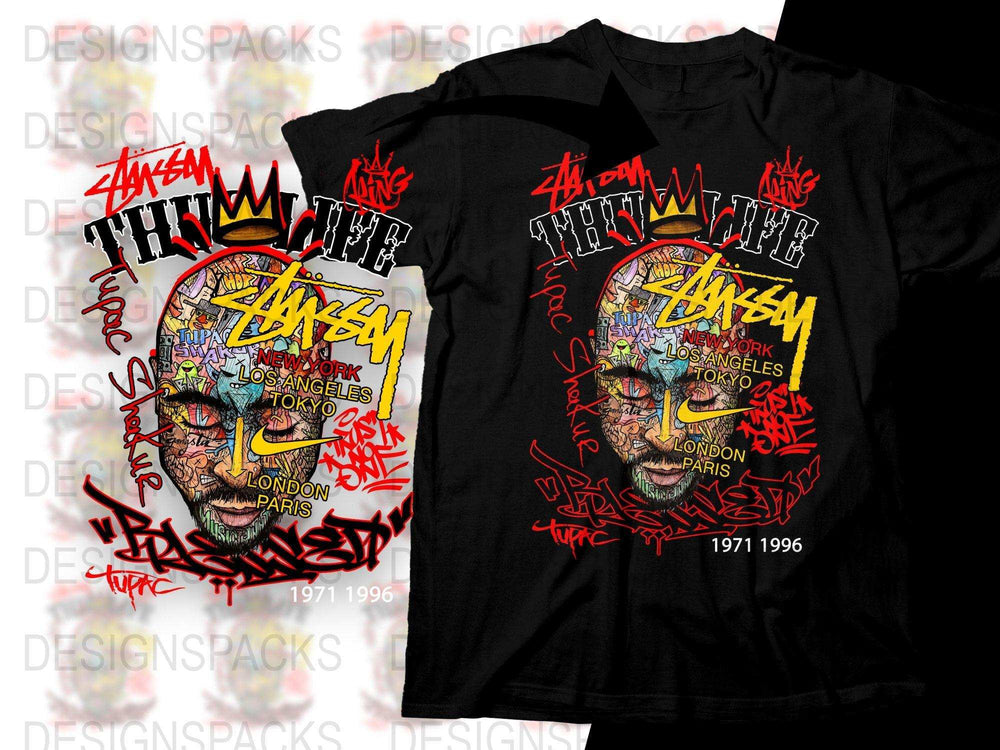 Tupac Shakur street art t-shirt design with crown, city names, and 1971-1996 text, print-ready for DTG/DTF