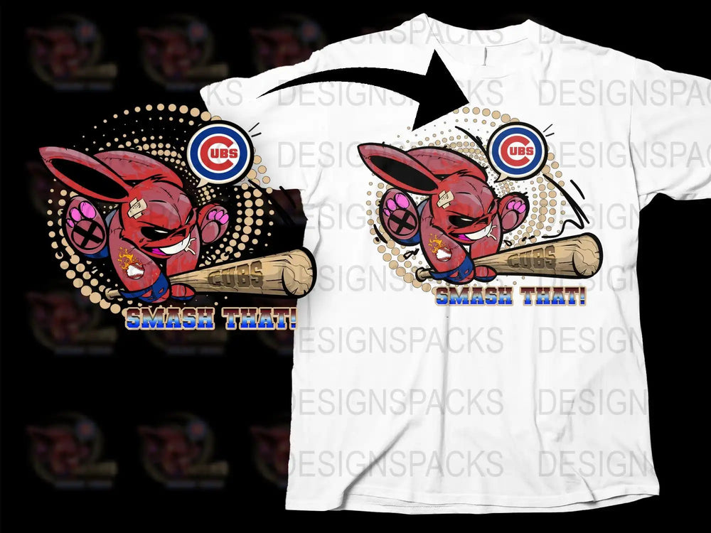 Cubs-themed t-shirt with cartoon bunny holding bat, 'SMASH THAT!' text, and team logo