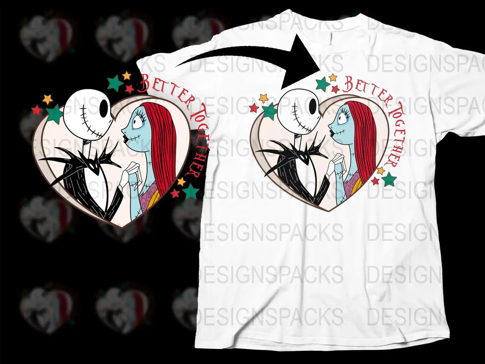 Jack and Sally heart design t-shirt, 'Better Together' with stars, print-ready for DTG/DTF