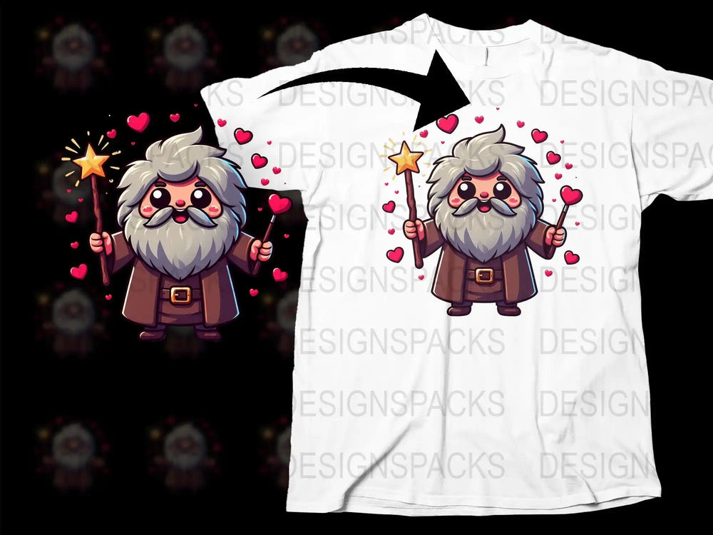 Cute wizard with star wand and hearts, print-ready t-shirt design