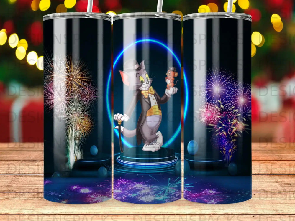 Tom and Jerry characters celebrate with fireworks and neon blue rings.