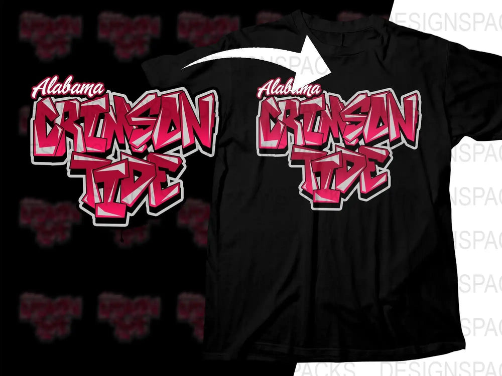 Alabama Crimson Tide bold pink graphic design on black t-shirt, print-ready for DTG or DTF