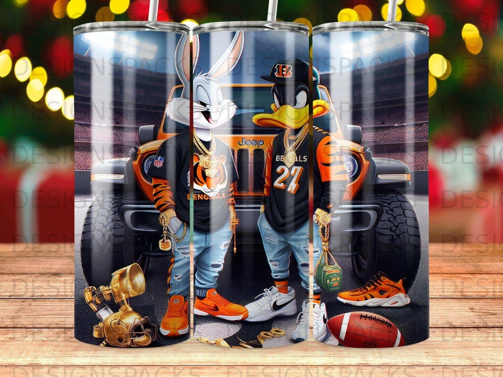 Bugs Bunny and Daffy Duck in Bengals attire, standing with a Jeep.