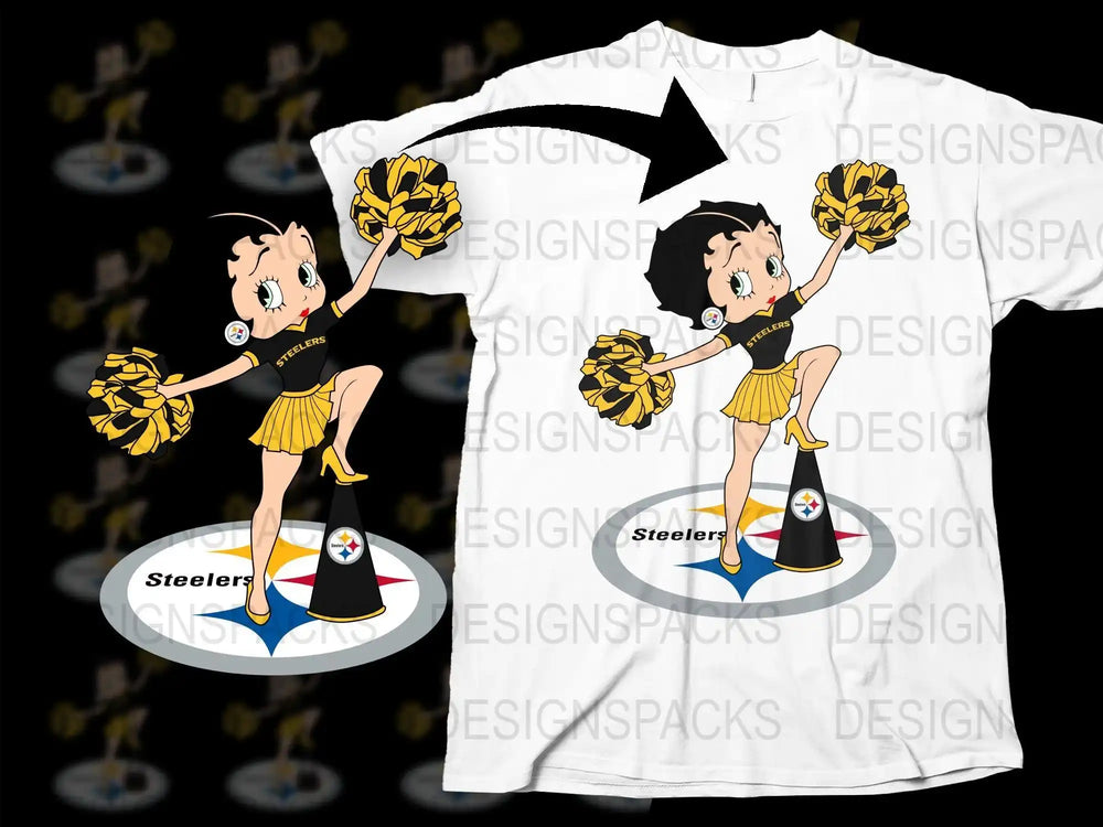 Betty Boop Steelers cheerleader design for t-shirt, print-ready PNG, SVG, DTF, DTG bundle