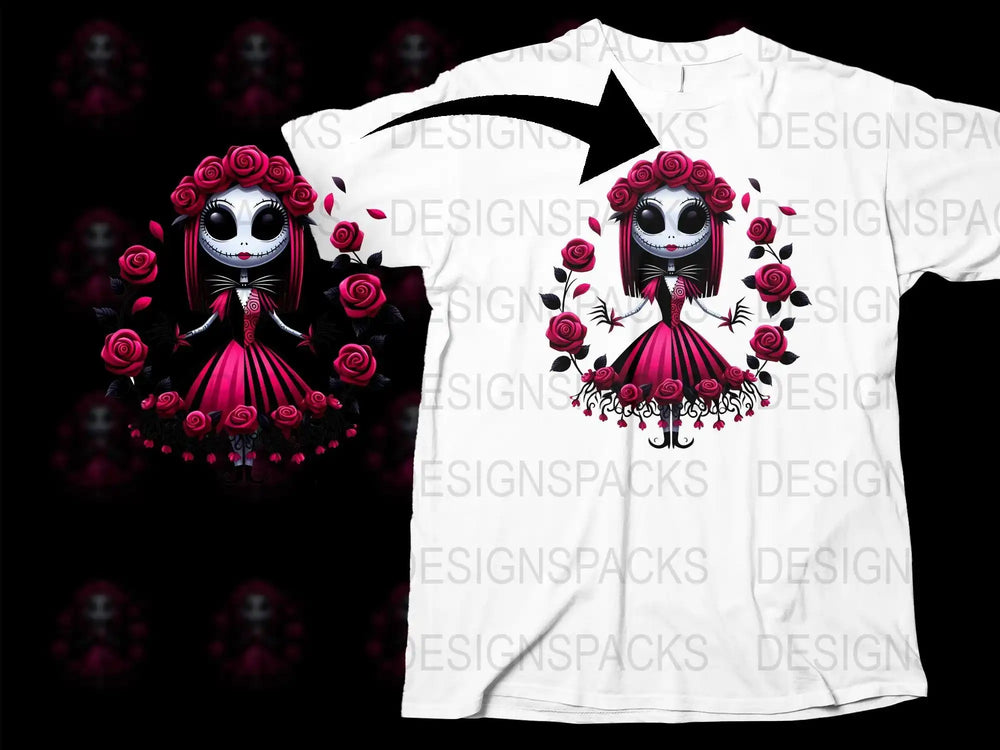 Gothic sugar skull girl in pink roses, print-ready t-shirt design