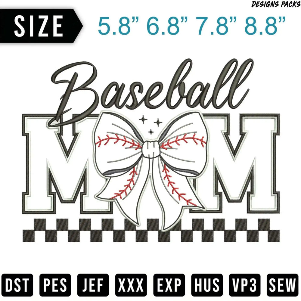Baseball Mom embroidery design with sizes and file formats.