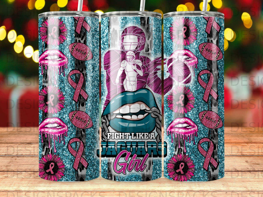 Tumbler with football player, pink ribbons, and lip graphics on glitter background.