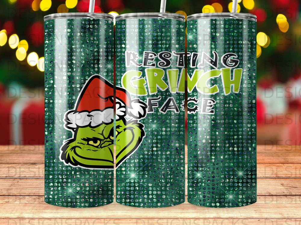 The Grinch's "Resting Grinch Face" on a green sequin tumbler.