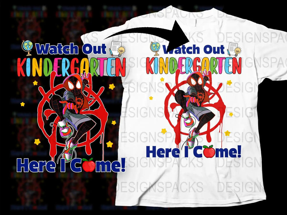 Spider-Man kindergarten t-shirt design with 'Watch Out Kindergarten Here I Come!' text