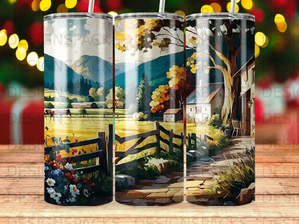 Countryside scene with rolling hills, cows, flowers, and a house.