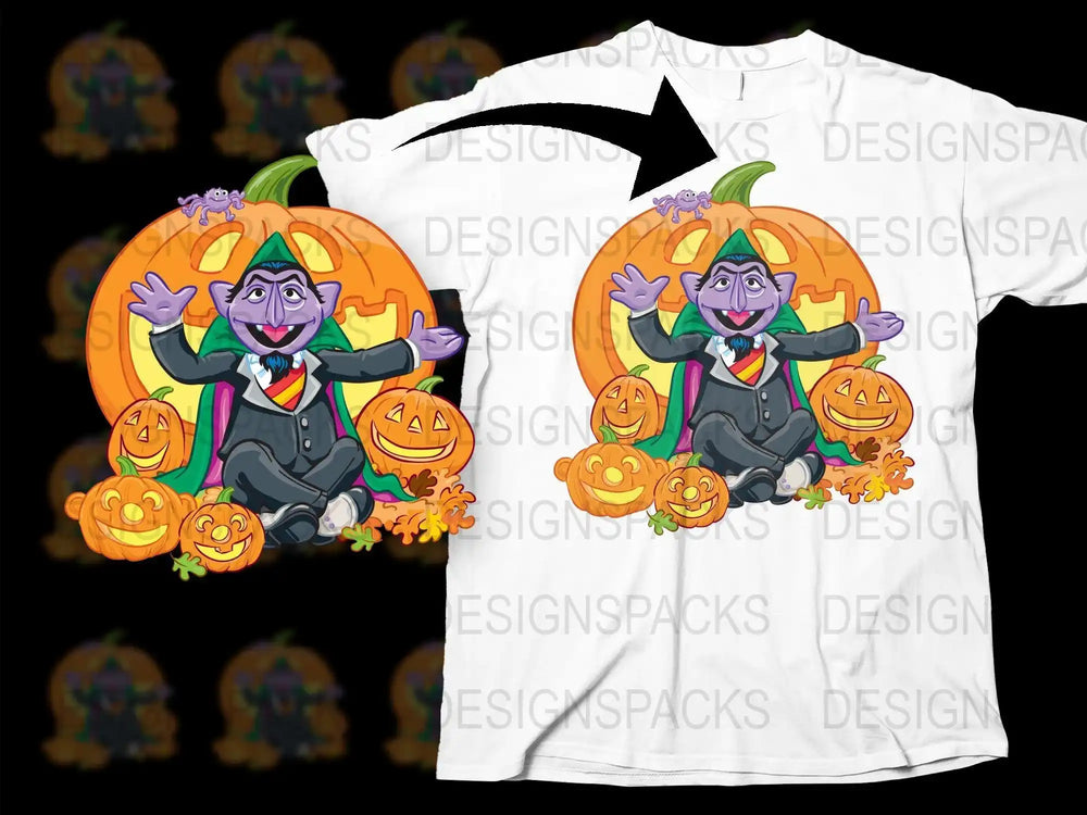 Halloween vampire design with pumpkins on white t-shirt, perfect for DTF/DTG printing