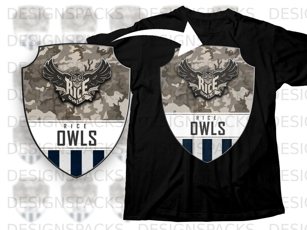 Black t-shirt with a shield logo featuring a stylized owl and "Rice Owls" text.