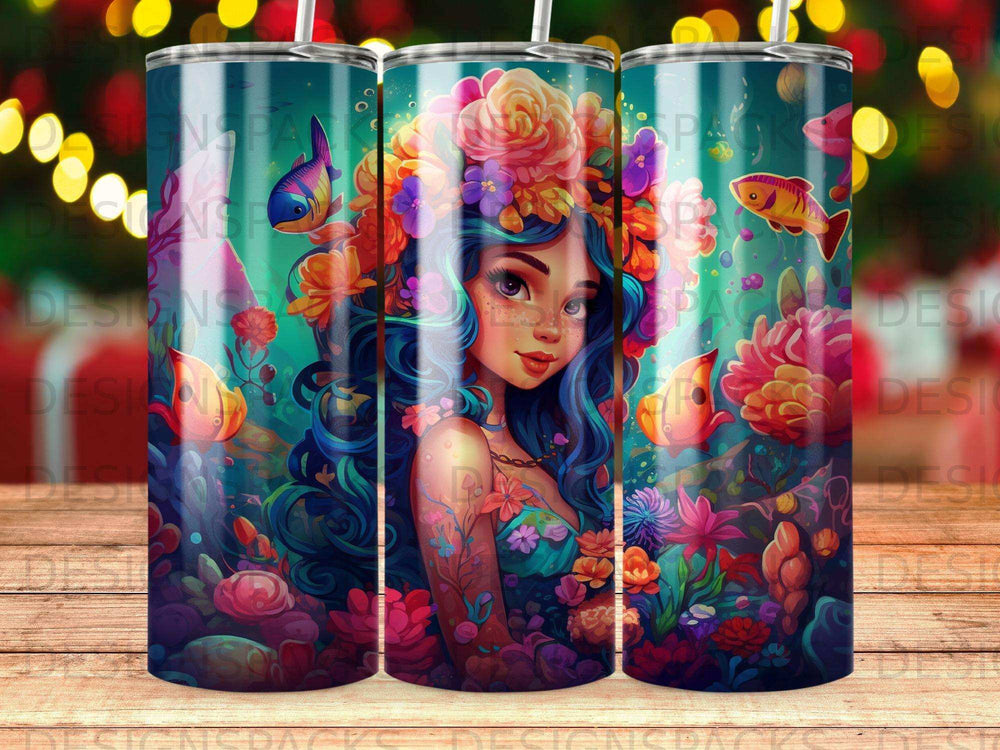 Woman with colorful flowers in hair and fish, surrounded by underwater flora.