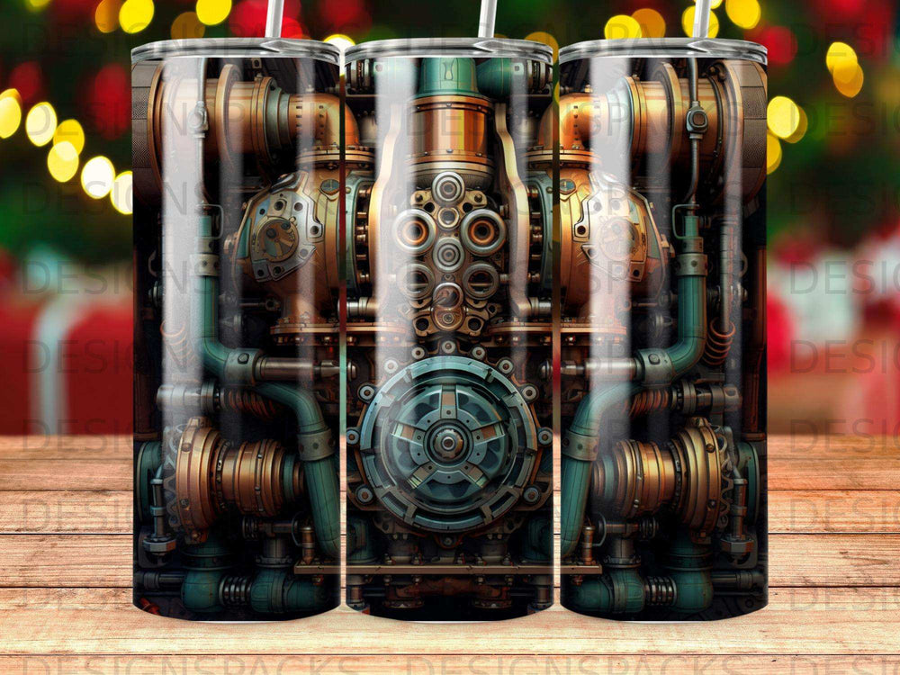 Steampunk machinery with gears, pipes, and gauges on a tumbler.